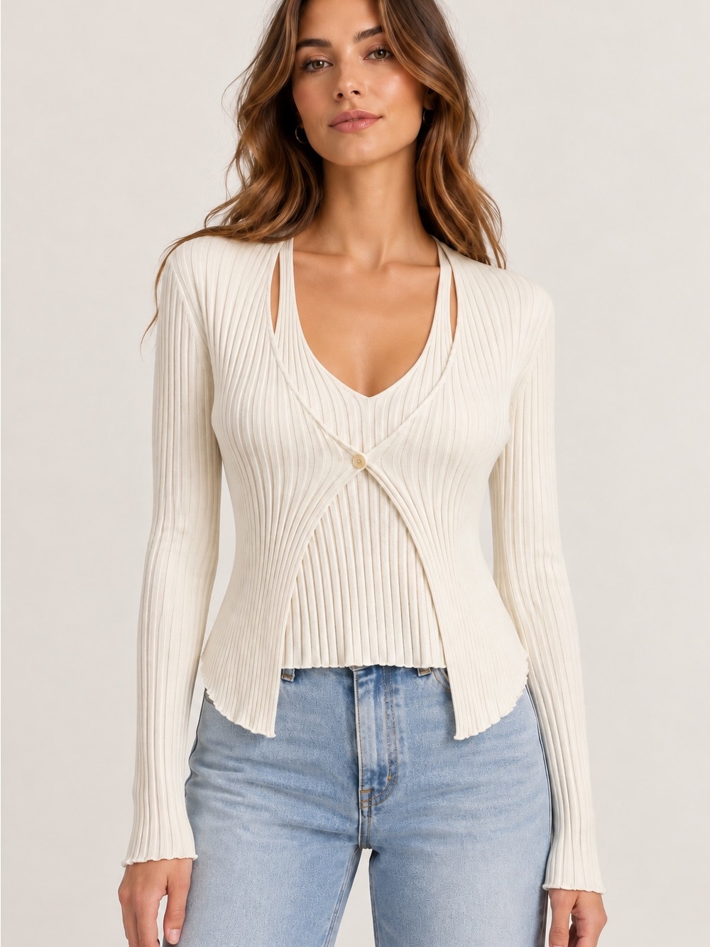 Mystree Y2K 2000s Ivory Ribbed Layered Tank Cardigan Top Indie Sleeze Size S